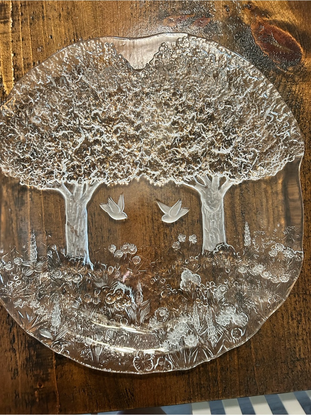 Mikasa Clear Glass Plate with Tree and Bird Relief